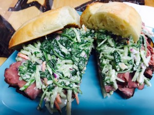 Fresh carved roast beef, swiss and a very tasty cole slaw.