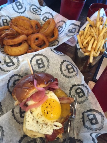 My Lola Burger with shared fries and onion rings.
